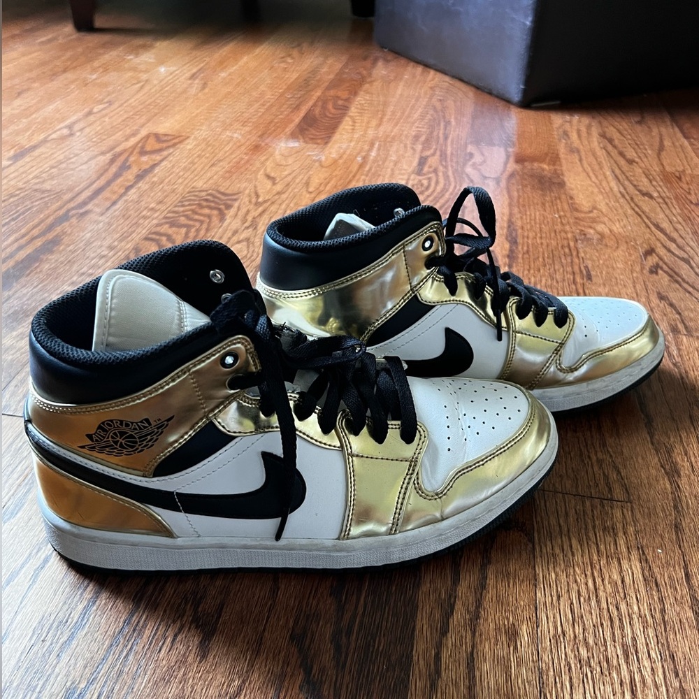 Black, white, and gold Jordan 1s, size 8.5 mens (10.5 womens)